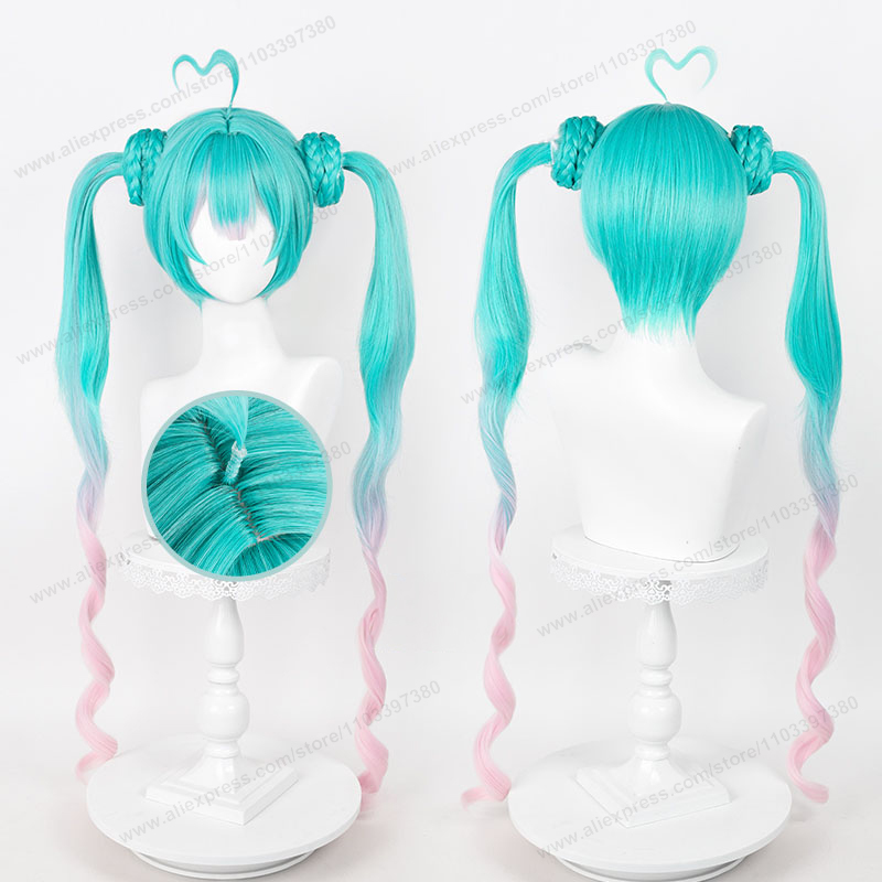 Anime Cosplay Wig Heat Resistant - 女性のための合成かつら,長さ100cm,耐熱性,アニメ,ミクファッション,青とピンクのグラデーション,ダブルポニーテール,女性のための