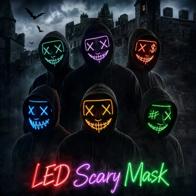 Led Purge Mask Halloween - 2026 ハロウィンパーティー用品：発光LEDマスク、ワイヤレスELネオンライト、大人用フルフェイスマスク、コスプレ用、暗闇で光る。